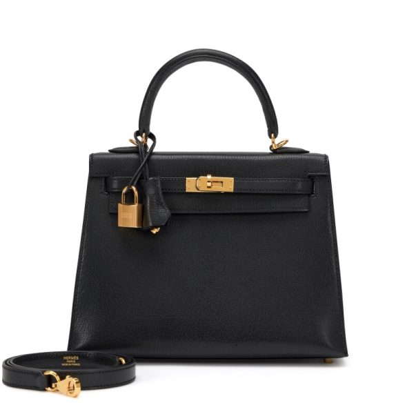 Hermès Black Chèvre Chamkila Sellier Kelly 25 Gold Hardware