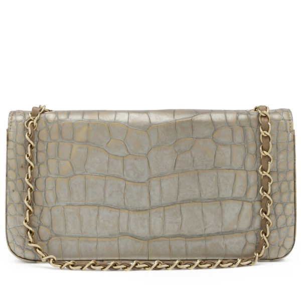 Chanel Metallic Silver and Taupe Alligator East West Classic Flap Bag Aged Gold Hardware - Image 2