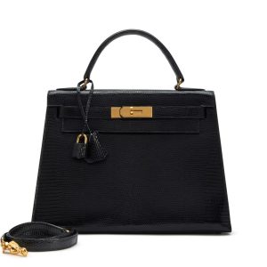 Hermès Black Varanus Salvator Lizard Sellier Kelly 28 Gold Hardware