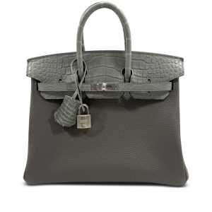 Hermès Limited Edition Gris Meyer Togo and Gris Ciment Matte Alligator Touch Birkin 25 Palladium Hardware