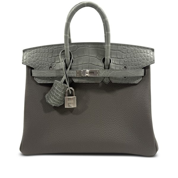 Hermès Limited Edition Gris Meyer Togo and Gris Ciment Matte Alligator Touch Birkin 25 Palladium Hardware
