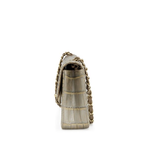 Chanel Metallic Silver and Taupe Alligator East West Classic Flap Bag Aged Gold Hardware - Image 3
