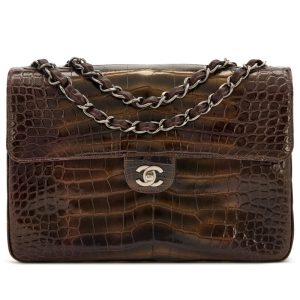 Chanel Bronze, Burgundy and Green Metallic Alligator Square Classic Jumbo Flap Ruthenium Hardware