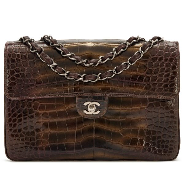 Chanel Bronze, Burgundy and Green Metallic Alligator Square Classic Jumbo Flap Ruthenium Hardware