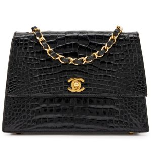 Chanel Black Alligator CC Trapezoid Flap Bag Gold Hardware