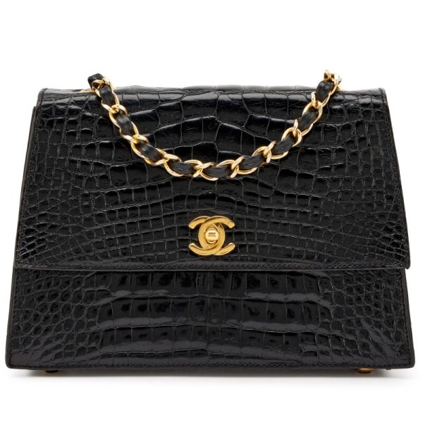 Chanel Black Alligator CC Trapezoid Flap Bag Gold Hardware