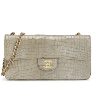 Chanel Metallic Silver and Taupe Alligator East West Classic Flap Bag Aged Gold Hardware
