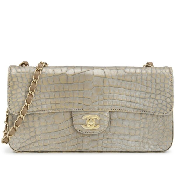 Chanel Metallic Silver and Taupe Alligator East West Classic Flap Bag Aged Gold Hardware