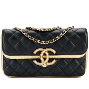 Chanel Black Quilted and Gold Lambskin Double Flap Aged Gold Hardware