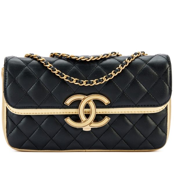 Chanel Black Quilted and Gold Lambskin Double Flap Aged Gold Hardware
