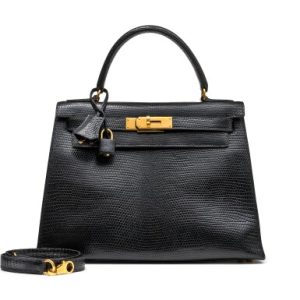 Hermès Vintage Black Shiny Niloticus Lizard Kelly 28 Sellier Gold Hardware